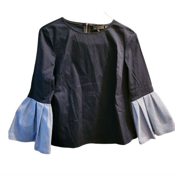 Ted Baker Jesieh Stripe Frilled Bell Sleeve Blouse, Navy Size 3 (US 8) - Picture 5 of 9